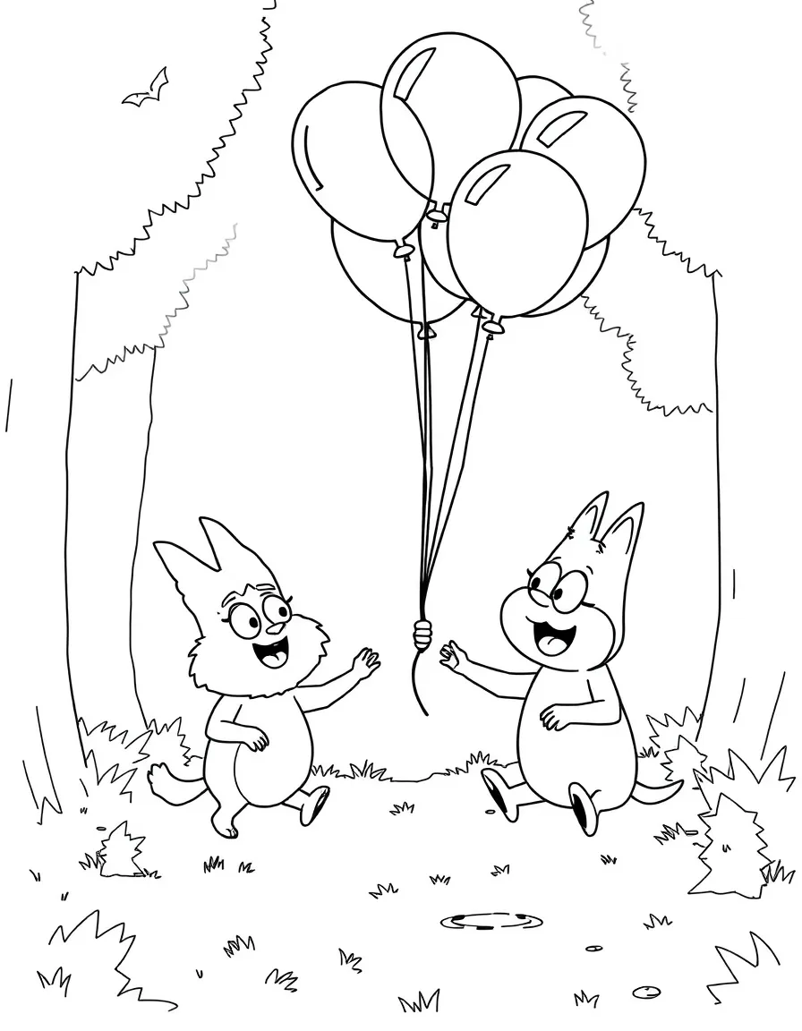 Regular Show playing with balloons, in a magical forest setting.