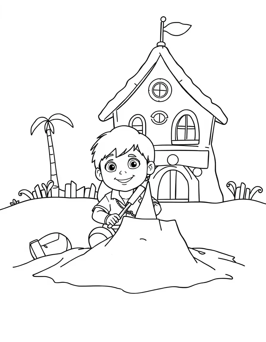 Diego building a sandcastle, in front of their famous house or scene.