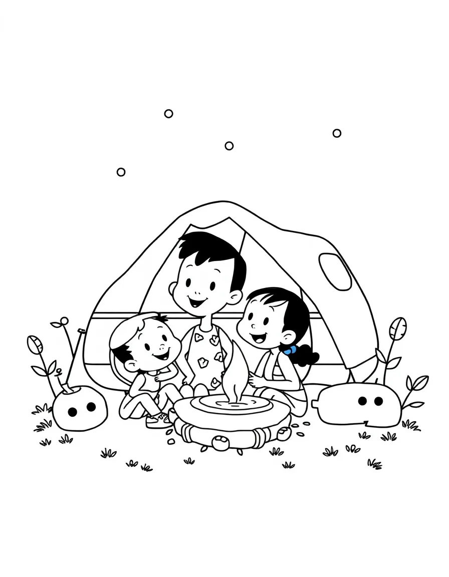 Olive Oyl camping with friends, with playful patterns around.
