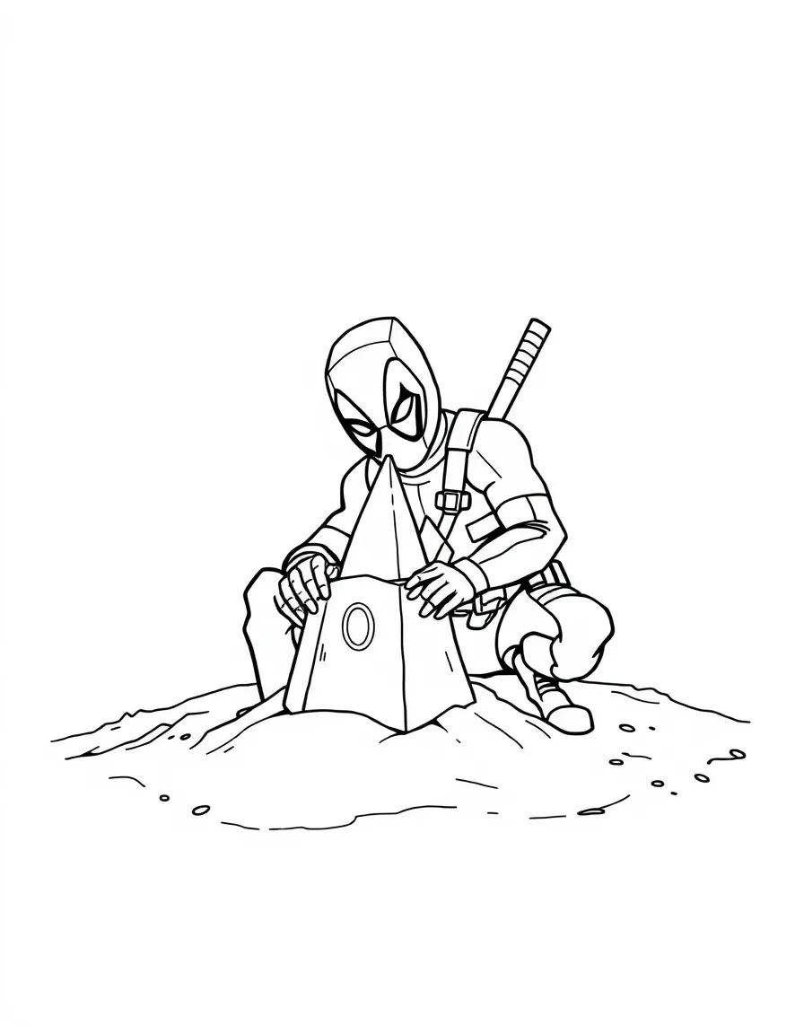 Deadpool building a sandcastle, inside a comic book frame.