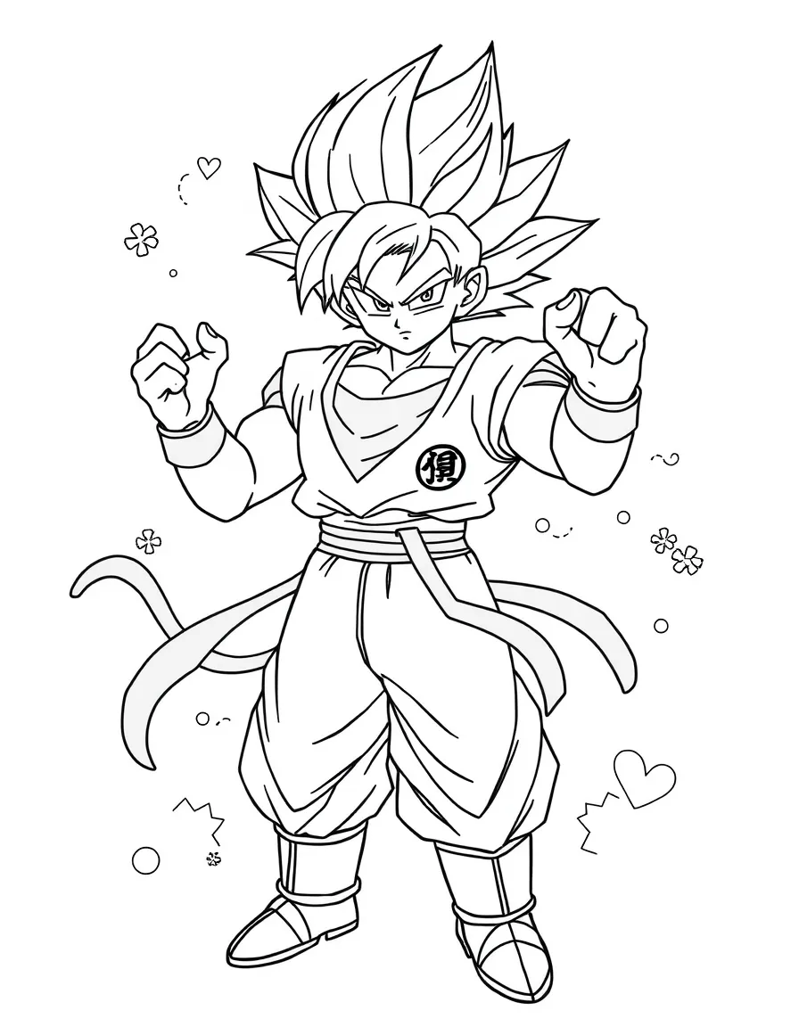 Dragon Ball Z posing heroically, with playful patterns around.