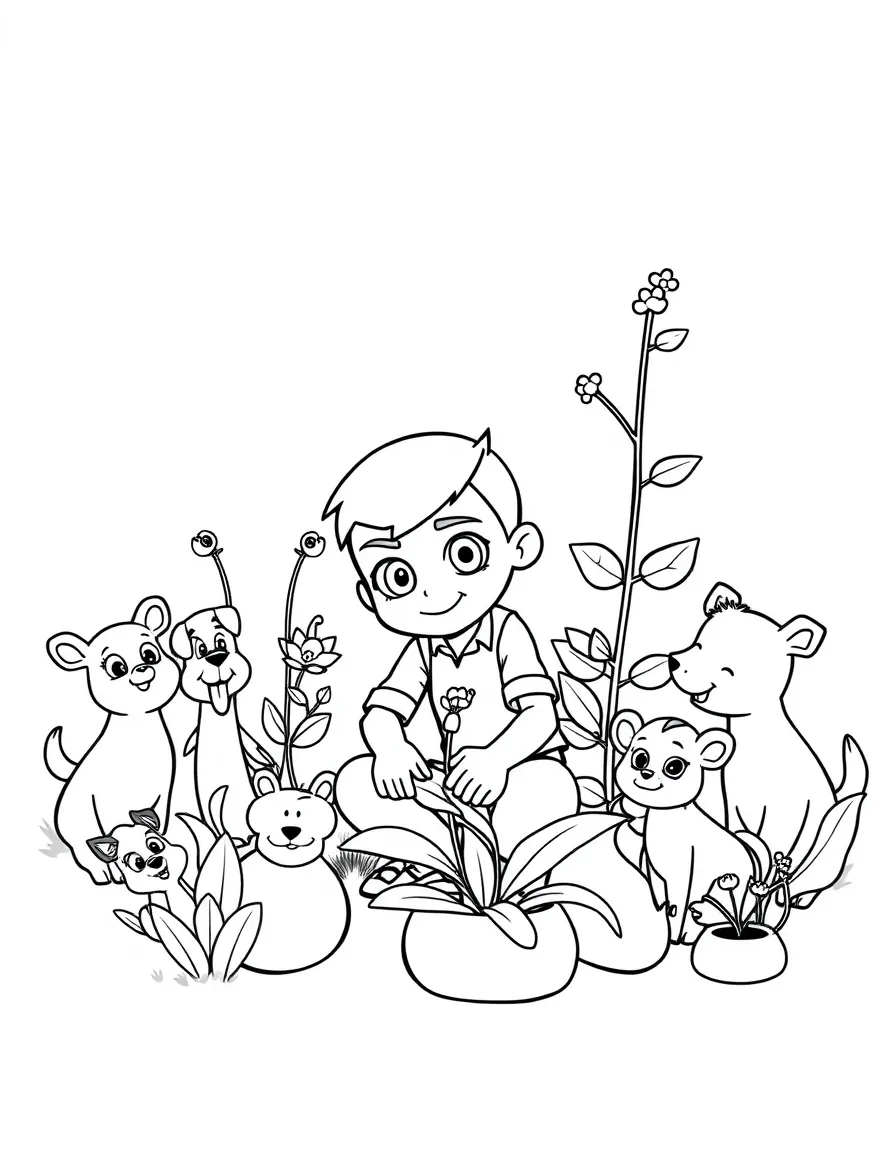 Ben 10 gardening, surrounded by friendly animals.