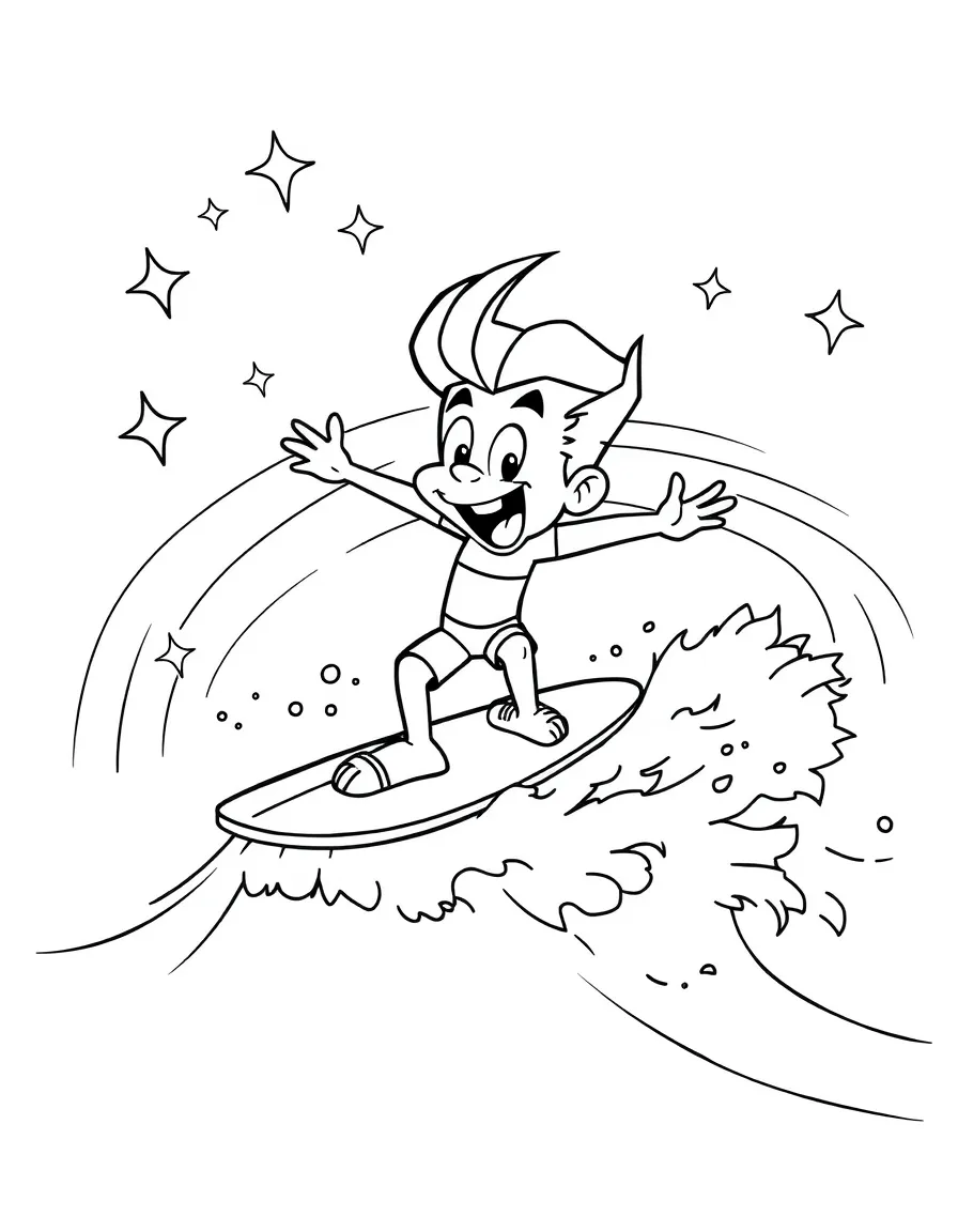 Jimmy Neutron surfing on waves, with stars and rainbows in the background.