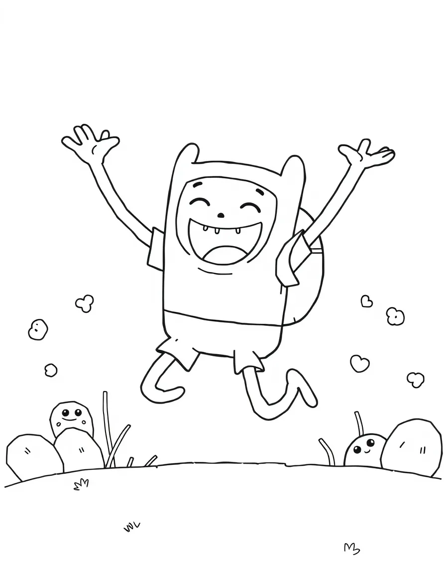 Adventure Time jumping with joy, with fun background elements.
