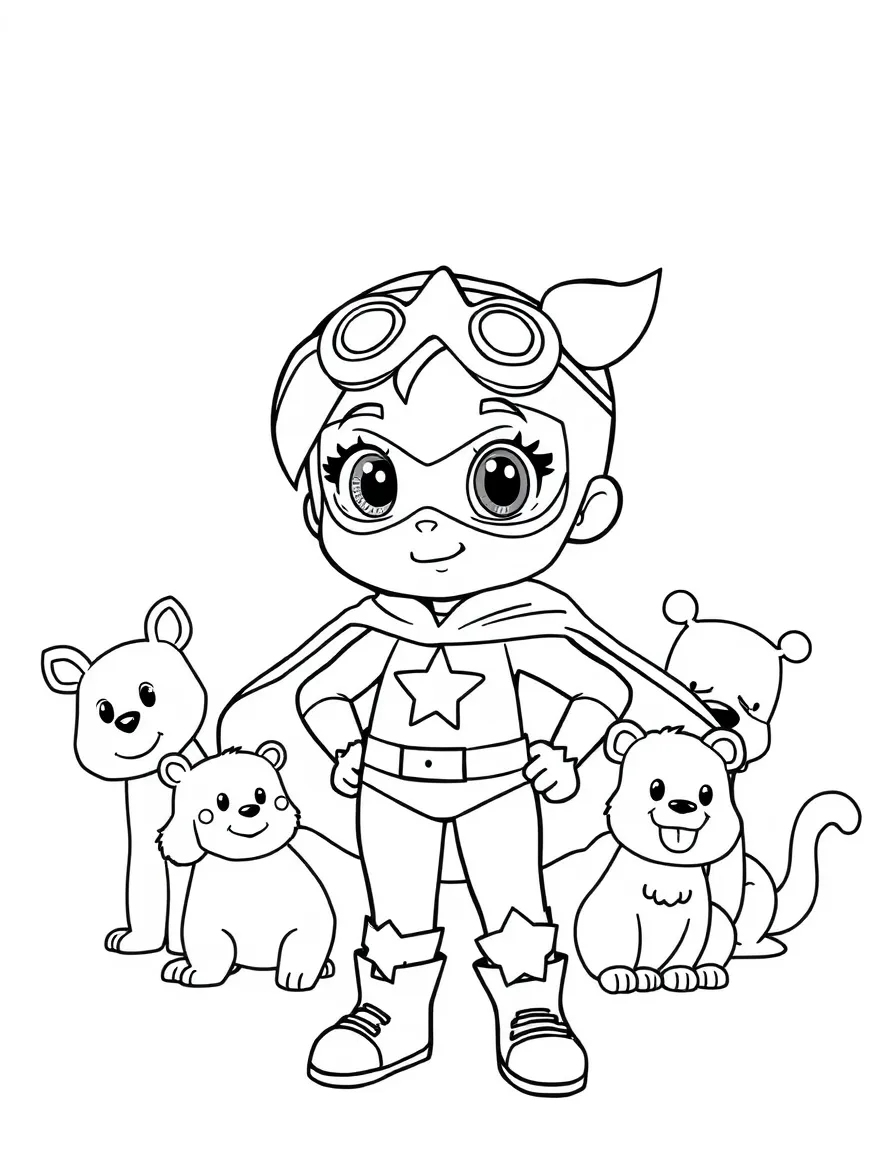 Nami wearing a superhero costume, surrounded by friendly animals.
