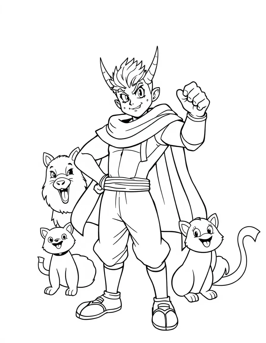 Zoro posing heroically, surrounded by friendly animals.