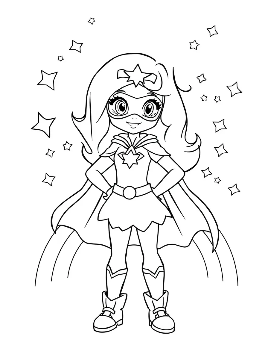 Daphne wearing a superhero costume, with stars and rainbows in the background.