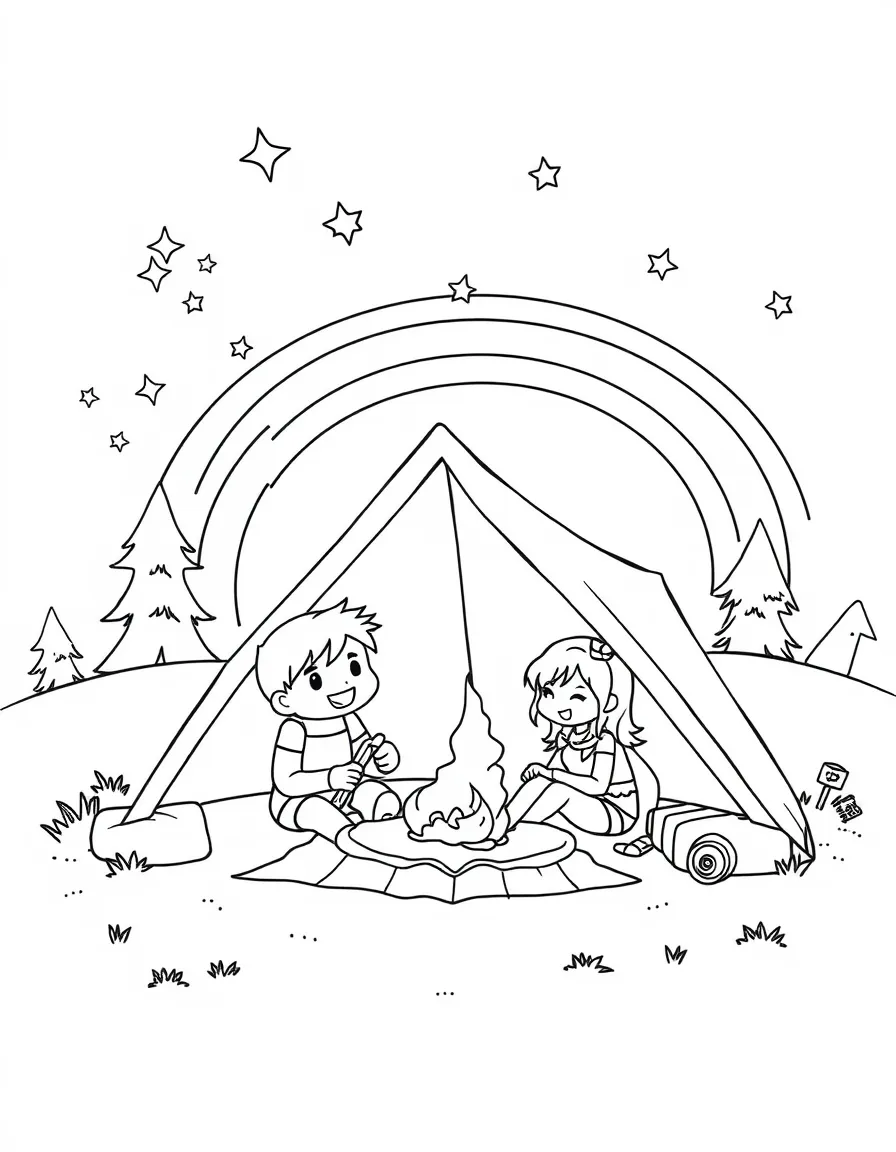 Zoro camping with friends, with stars and rainbows in the background.