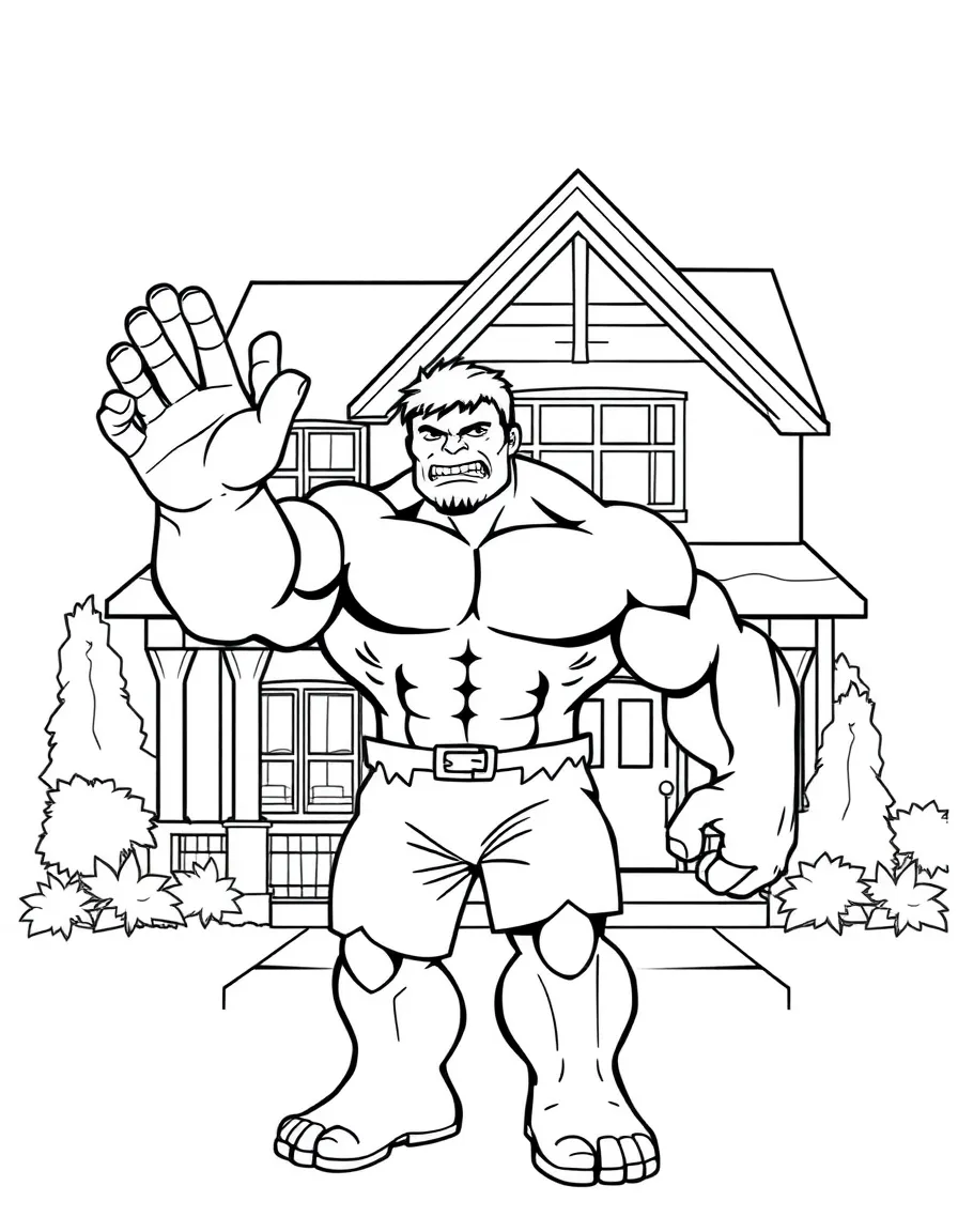 Hulk waving hello, in front of their famous house or scene.