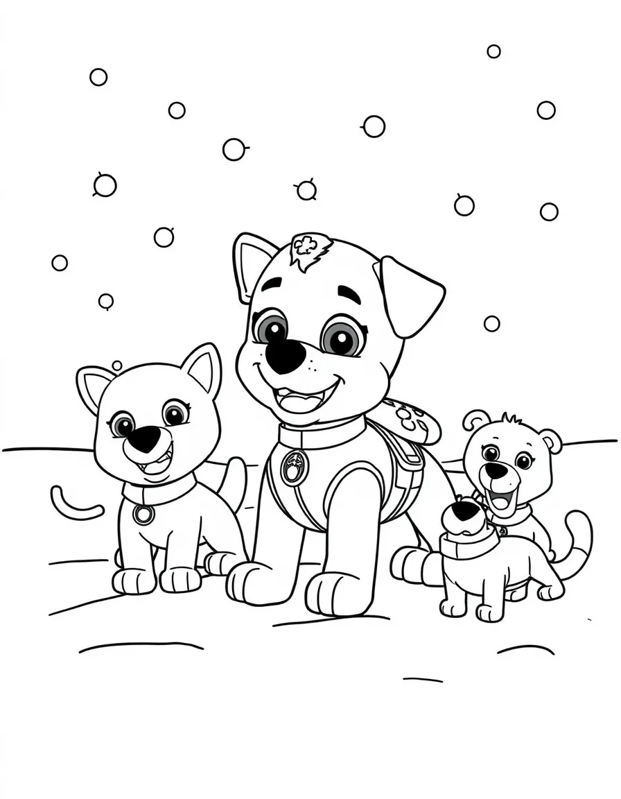 Paw Patrol playing in the snow, surrounded by friendly animals.