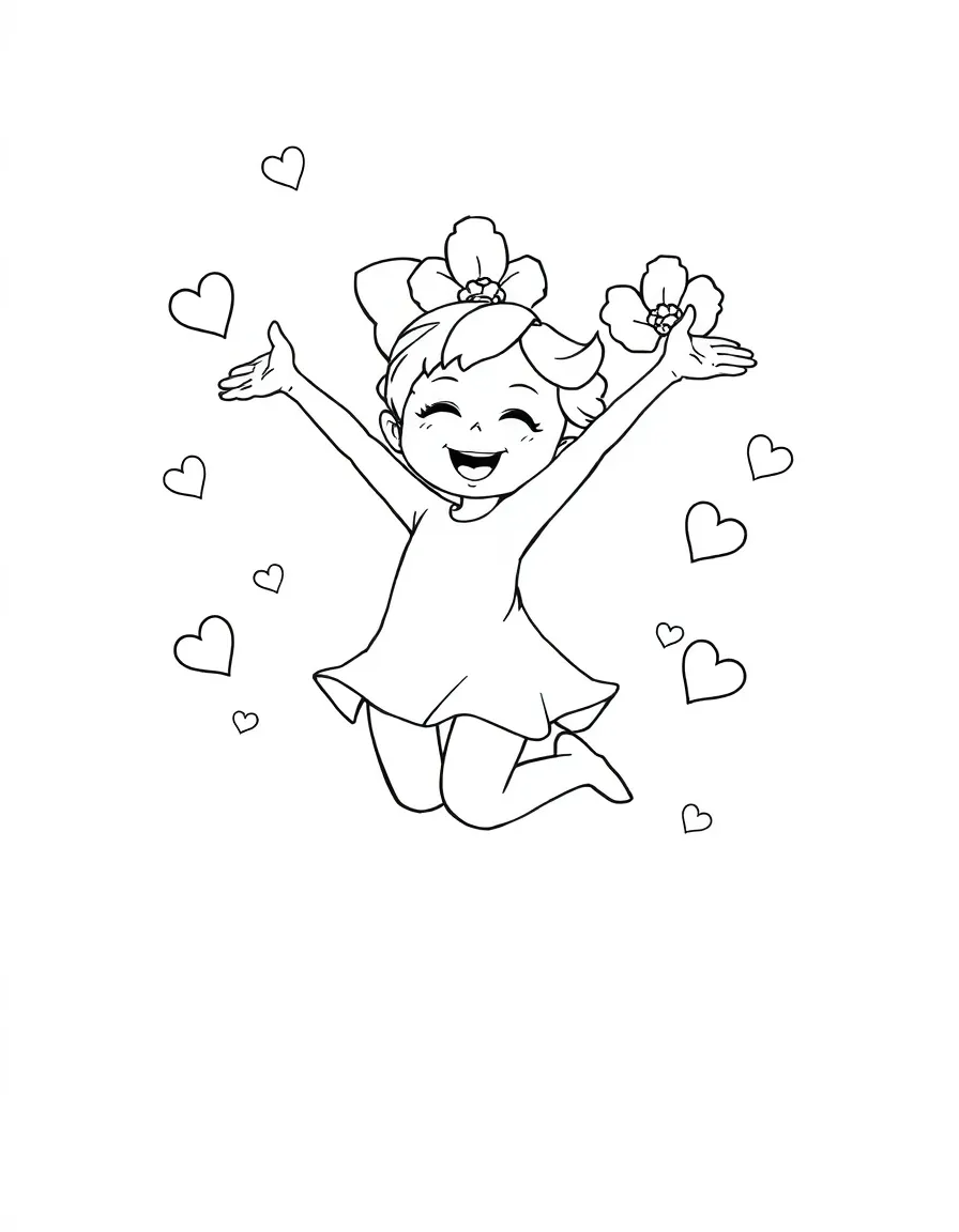 Sakura jumping with joy, with hearts and sparkles around.
