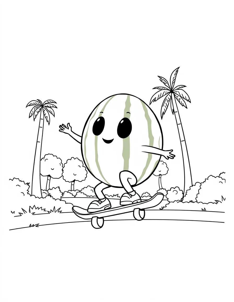 Cocomelon skateboarding in the park, inside a comic book frame.