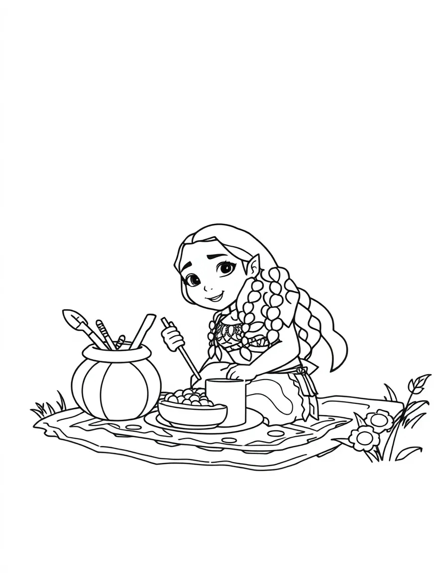 Moana having a picnic, with big bold outlines for easy coloring.