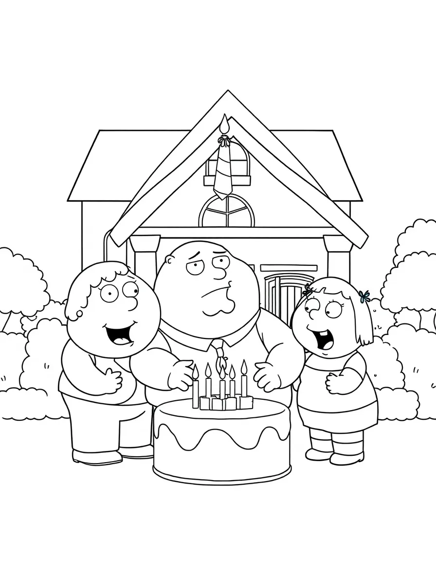 Family Guy celebrating a birthday, in front of their famous house or scene.