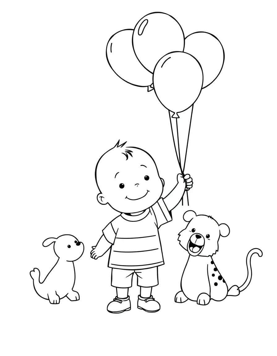 Caillou playing with balloons, surrounded by friendly animals.