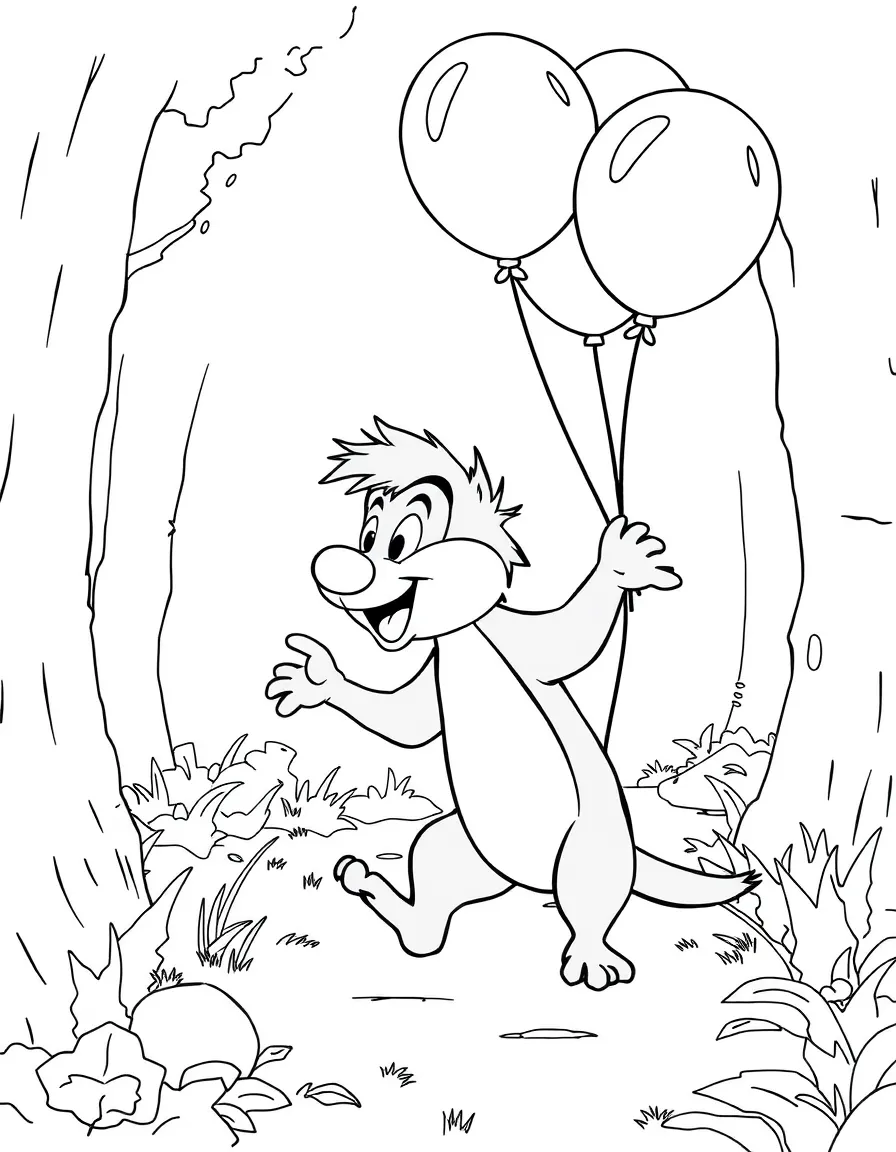 Sylvester playing with balloons, in a magical forest setting.