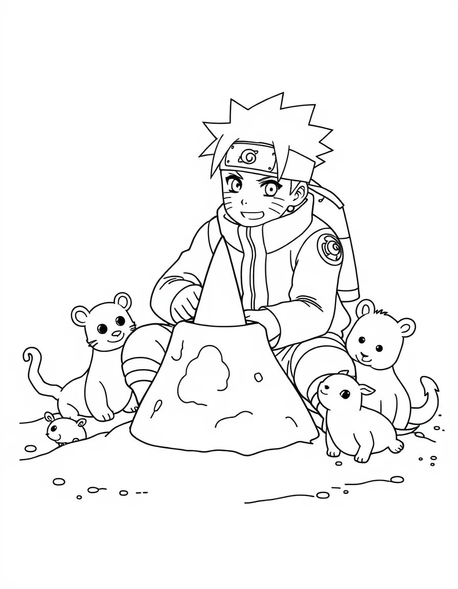 Naruto building a sandcastle, surrounded by friendly animals.