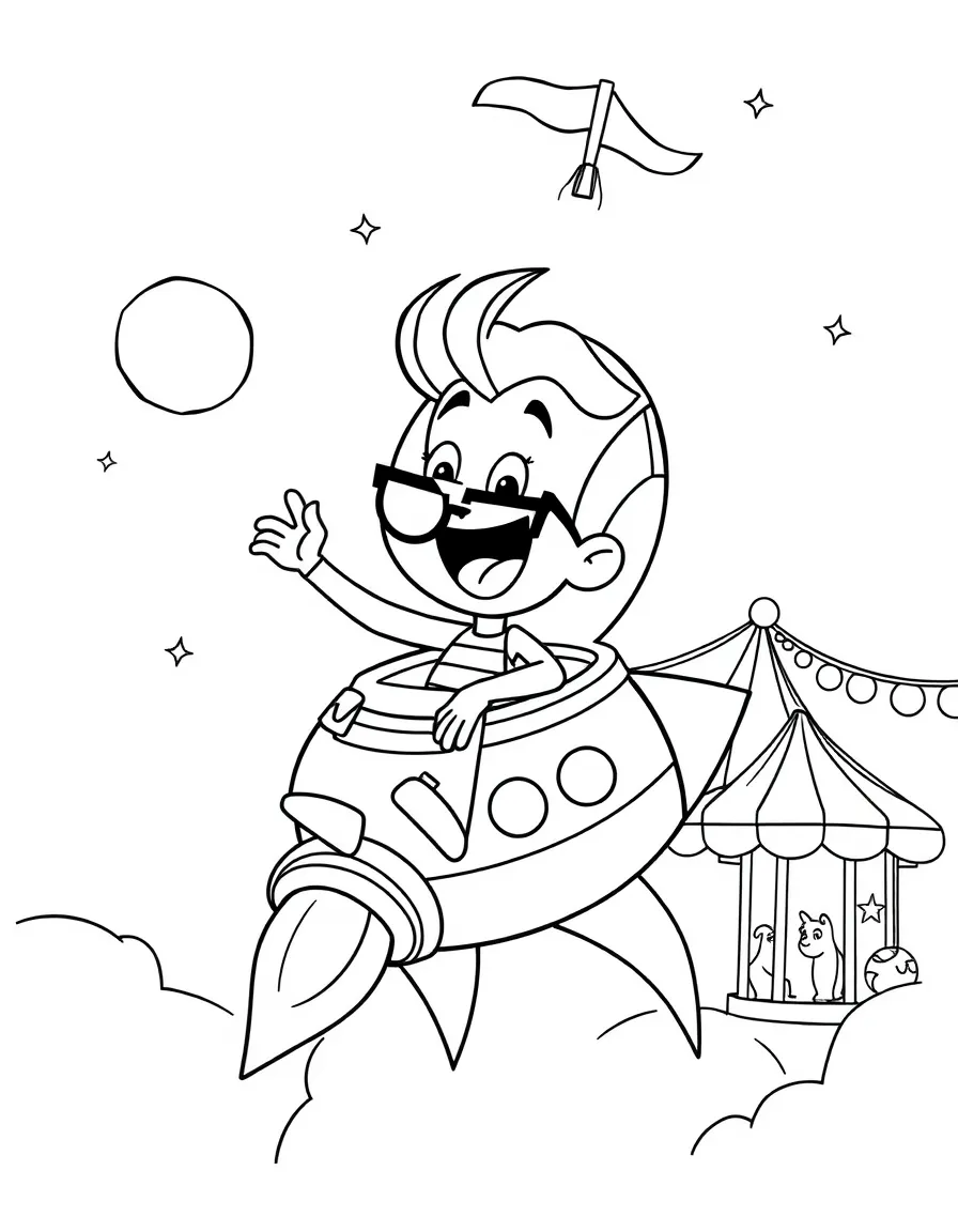 Jimmy Neutron exploring space in a rocket, at a carnival with colorful decorations.