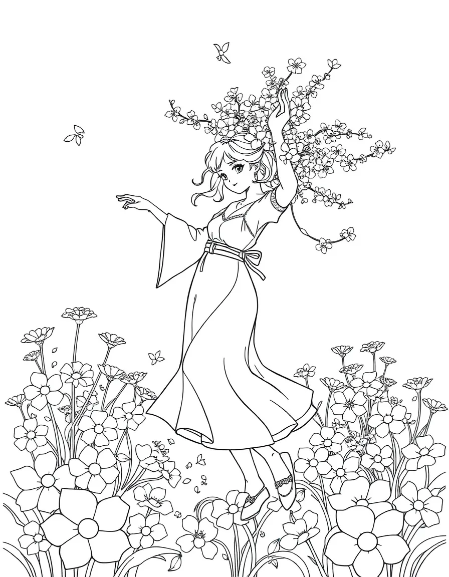 Sakura dancing in a field of flowers, with big bold outlines for easy coloring.