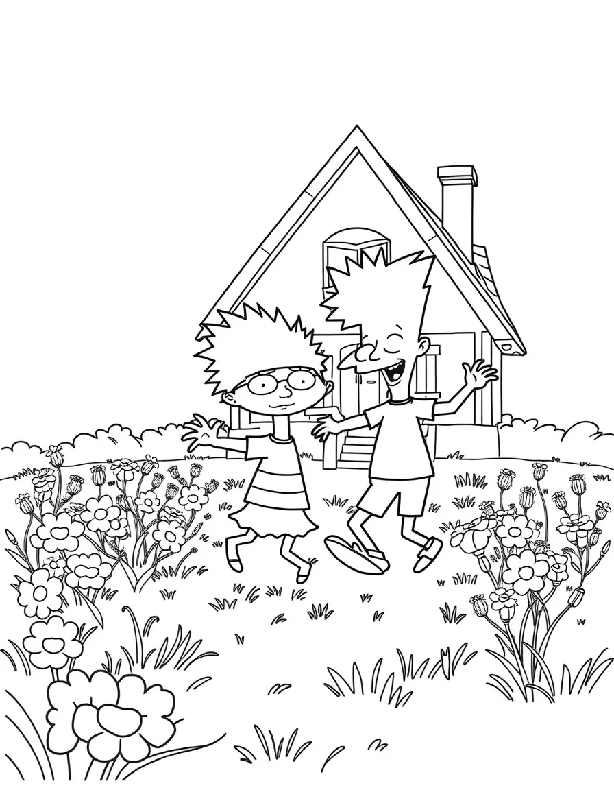 Hey Arnold! dancing in a field of flowers, in front of their famous house or scene.