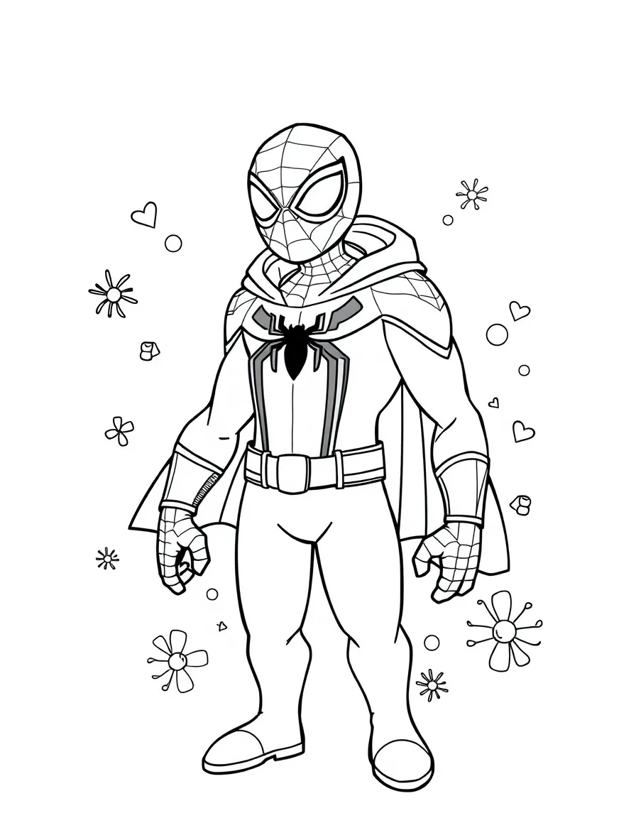 Spider-Man wearing a superhero costume, with playful patterns around.