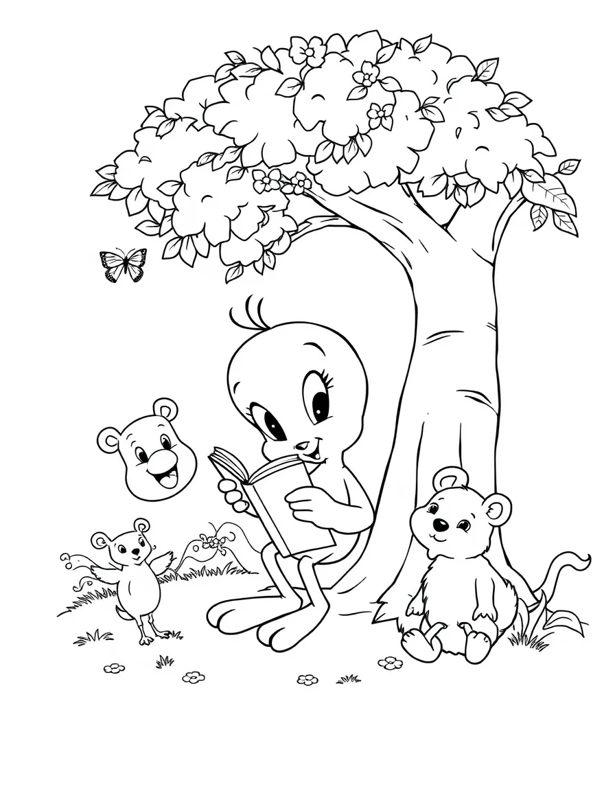 Tweety Bird reading a book under a tree, surrounded by friendly animals.