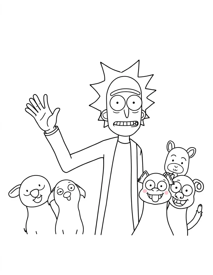 Rick and Morty waving hello, surrounded by friendly animals.