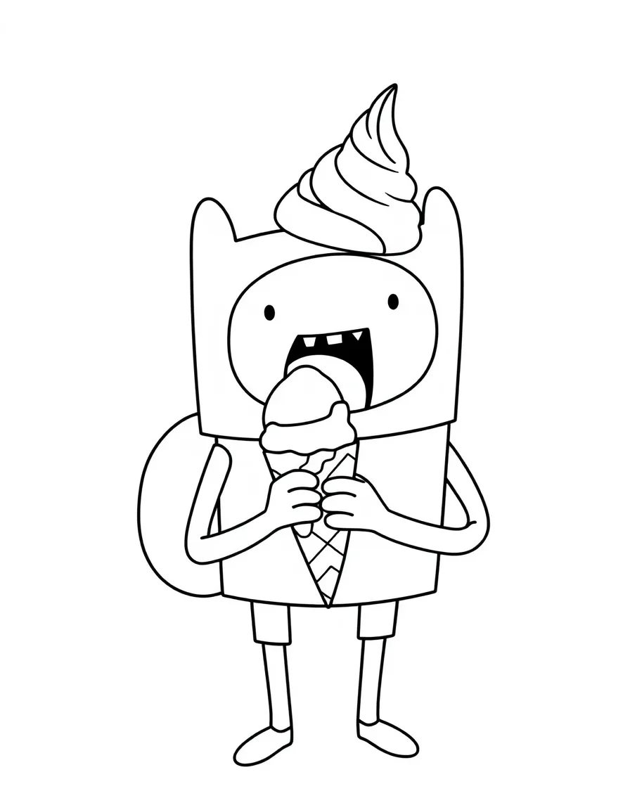 Adventure Time enjoying an ice cream cone, with big bold outlines for easy coloring.