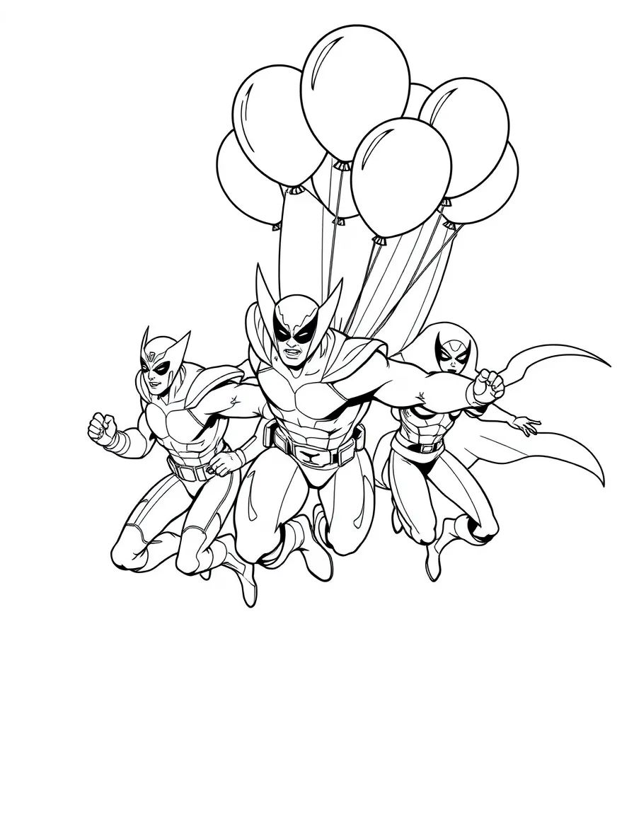 X-Men flying with balloons, with big bold outlines for easy coloring.