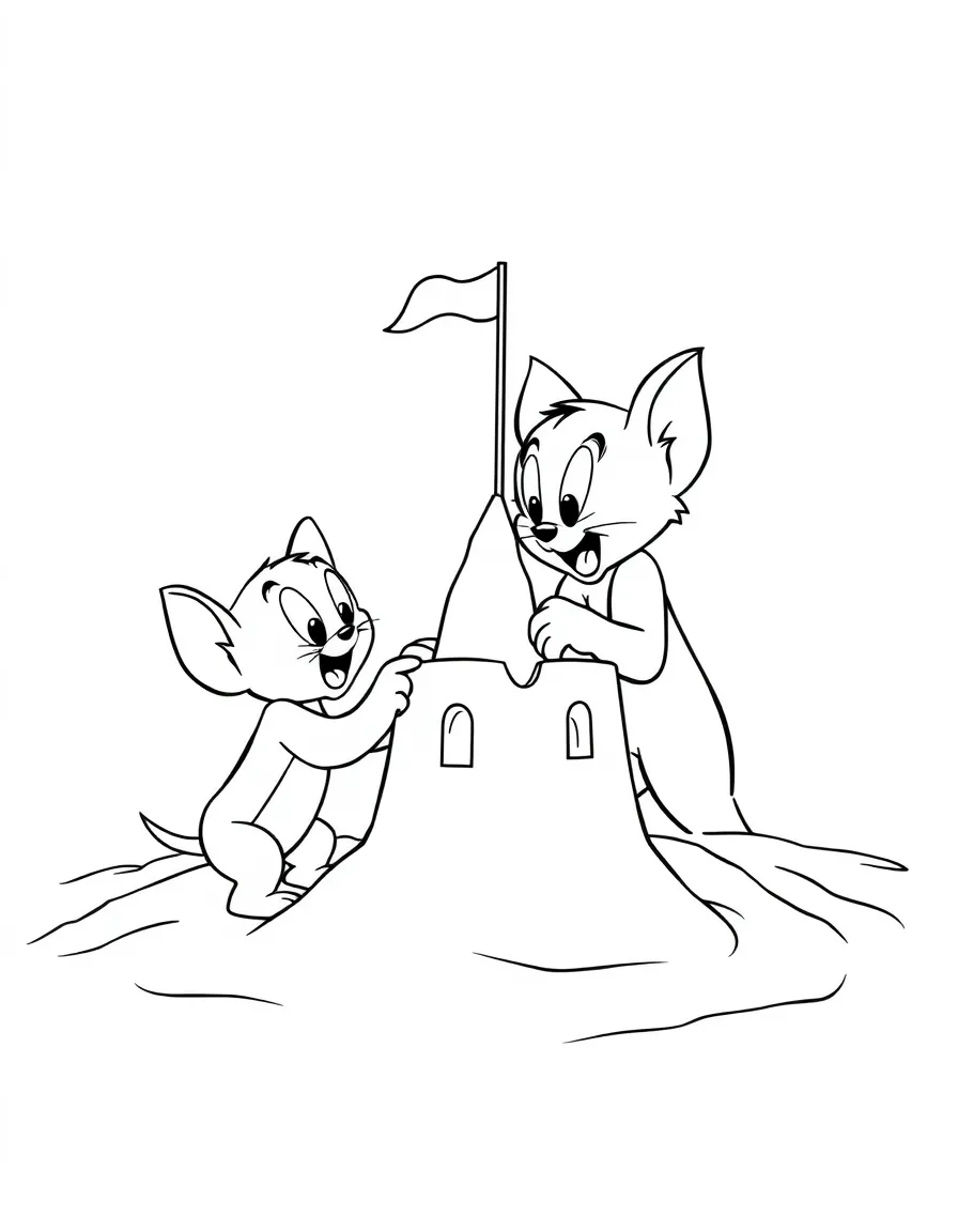 Tom and Jerry building a sandcastle, with big bold outlines for easy coloring.
