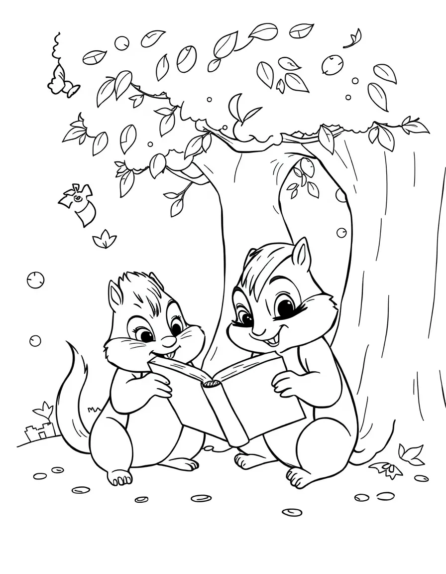 Alvin and the Chipmunks reading a book under a tree, with fun background elements.