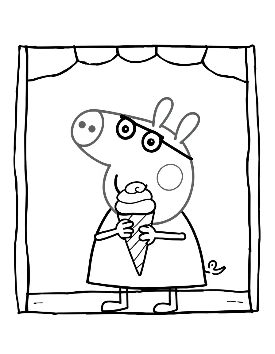 Peppa Pig enjoying an ice cream cone, inside a comic book frame.