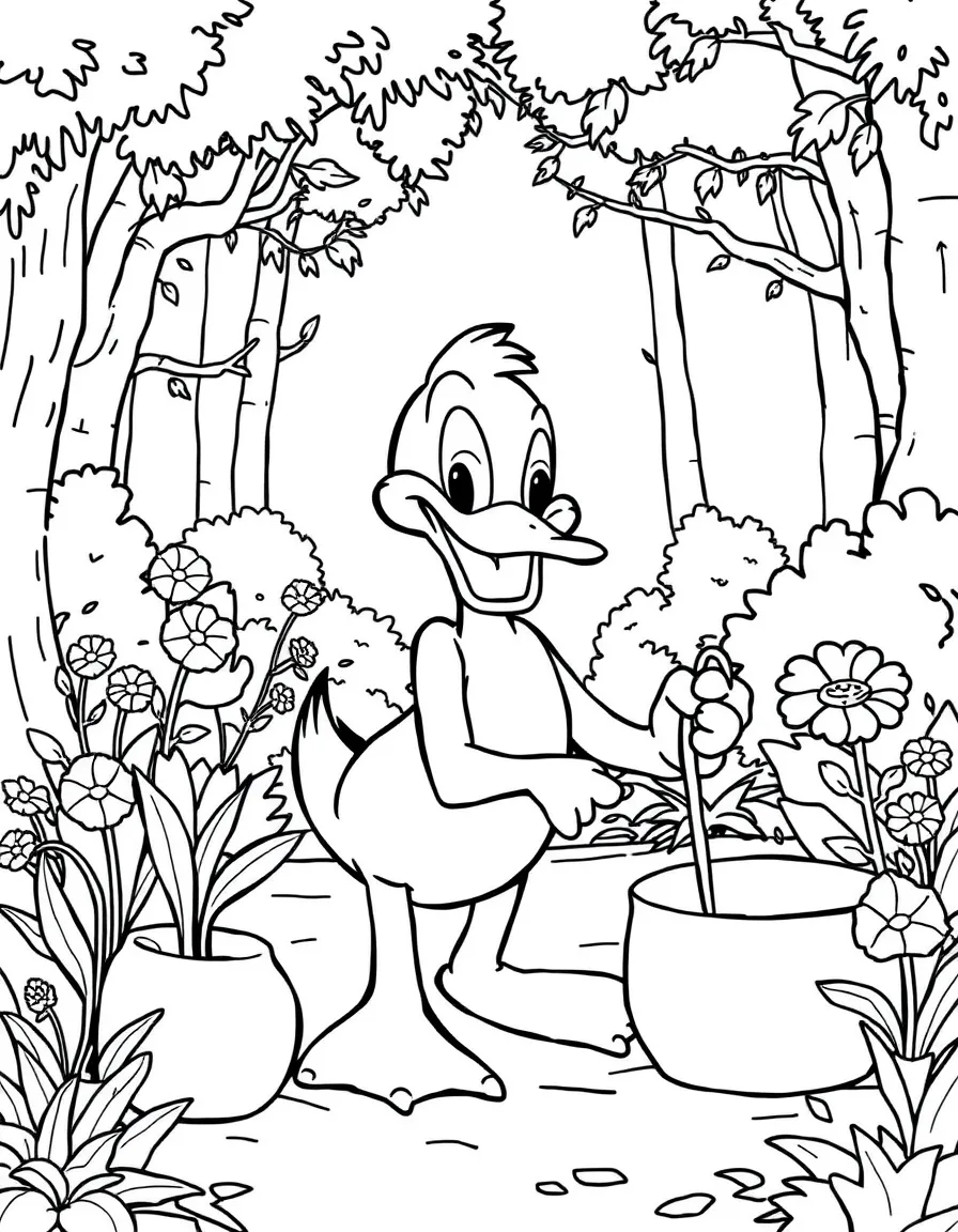 Daffy Duck gardening, in a magical forest setting.
