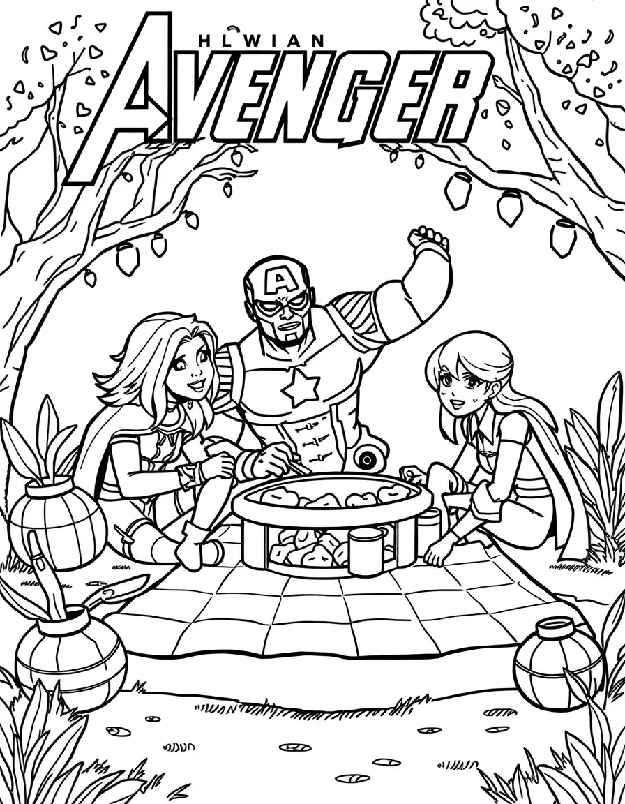 Avengers having a picnic, with fun background elements.