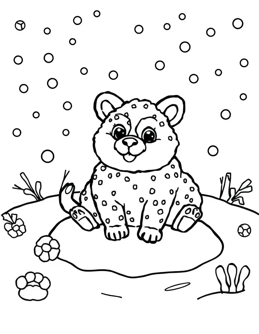 Chowder playing in the snow, with playful patterns around.