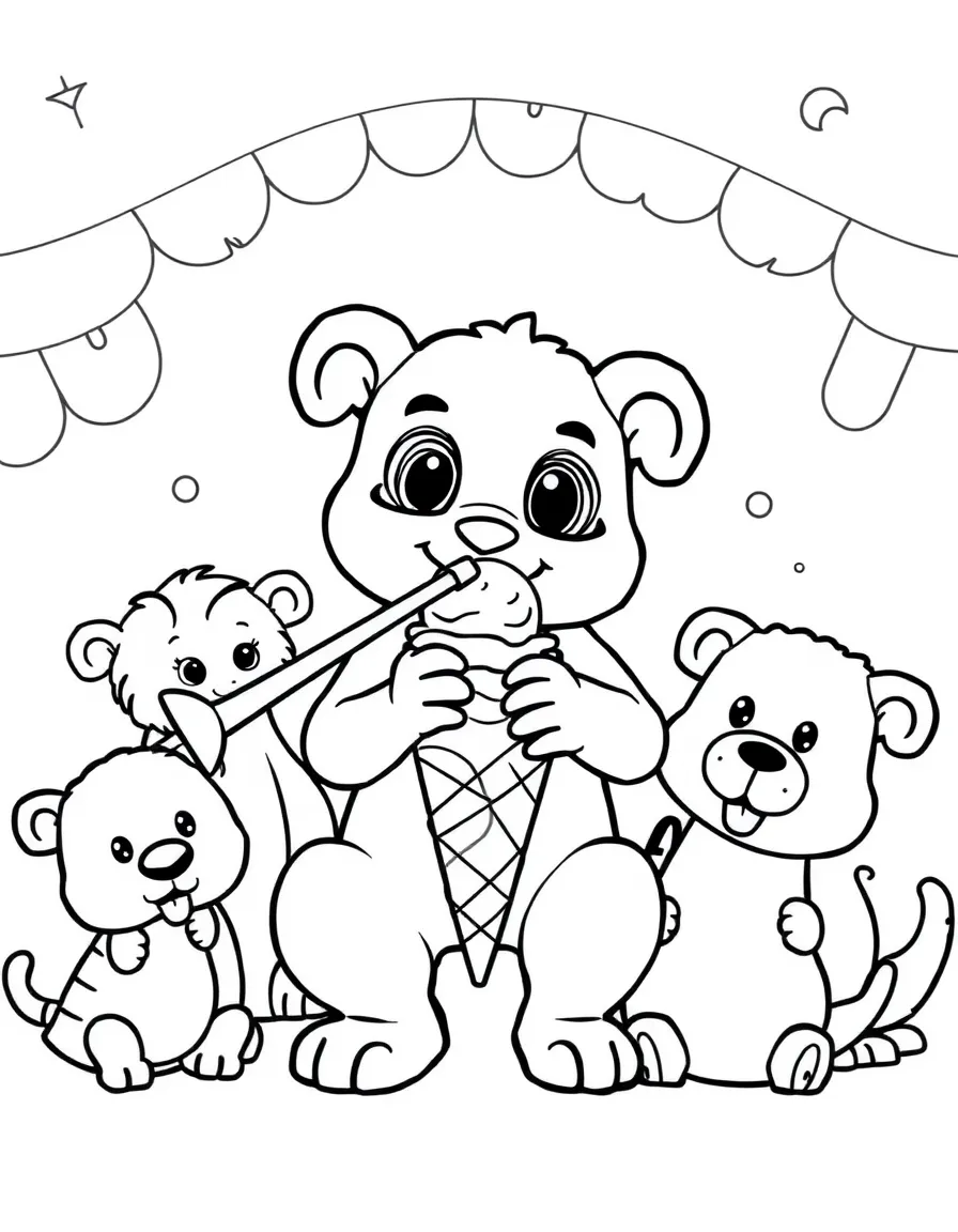 Piccolo enjoying an ice cream cone, surrounded by friendly animals.