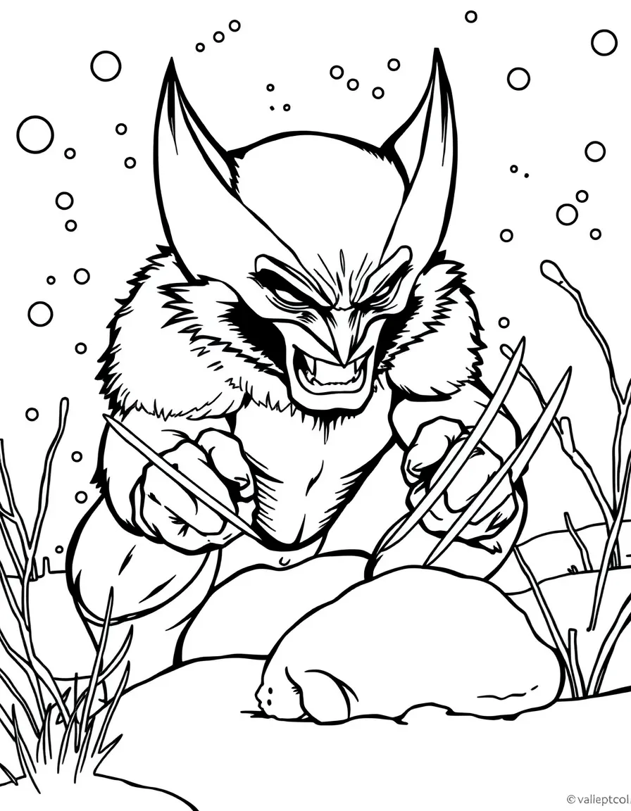 Wolverine playing in the snow, with big bold outlines for easy coloring.