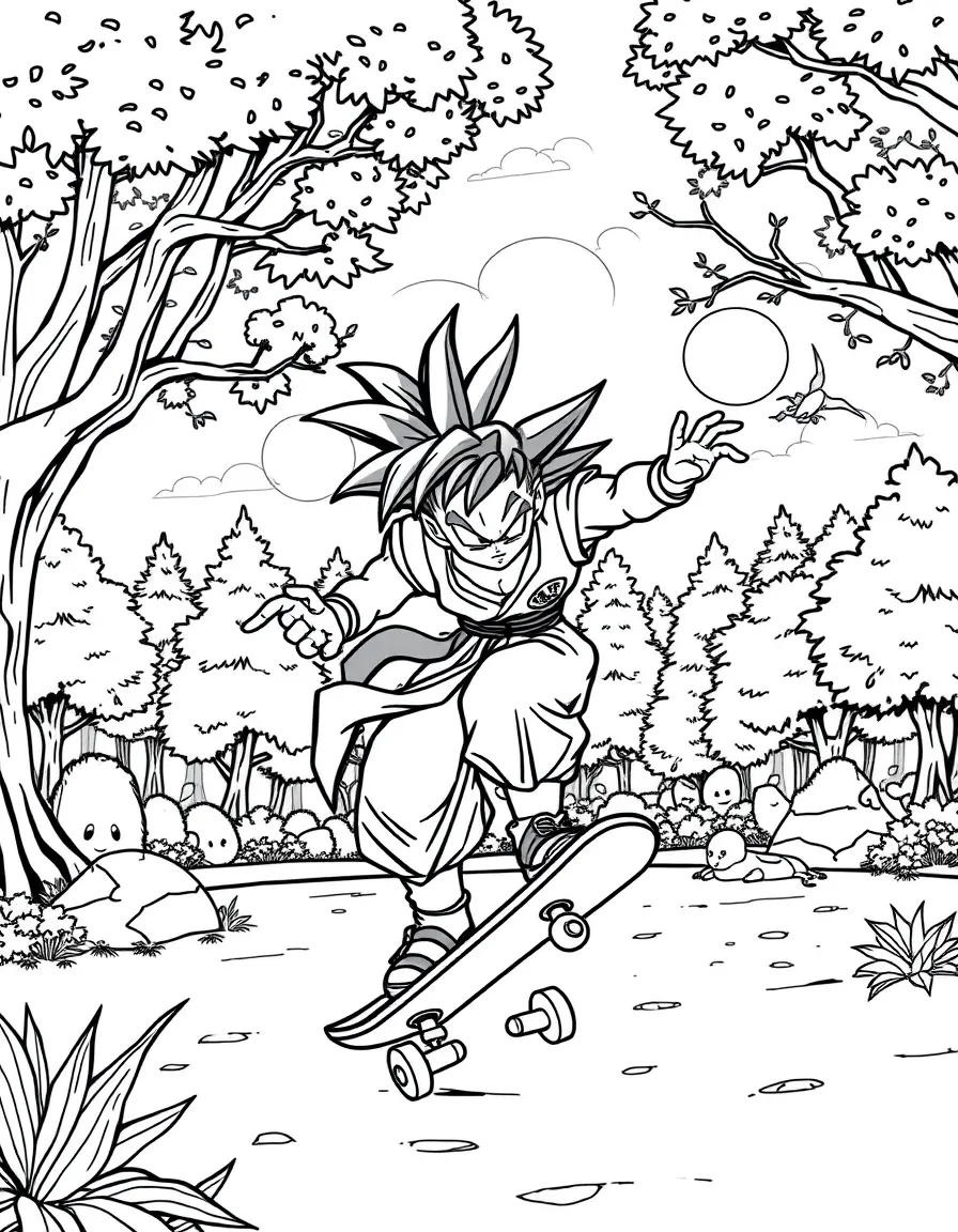 Dragon Ball Z skateboarding in the park, in a magical forest setting.