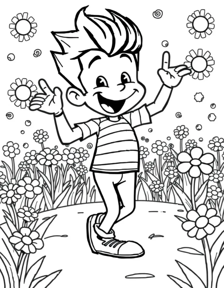 Jimmy Neutron dancing in a field of flowers, with fun background elements.
