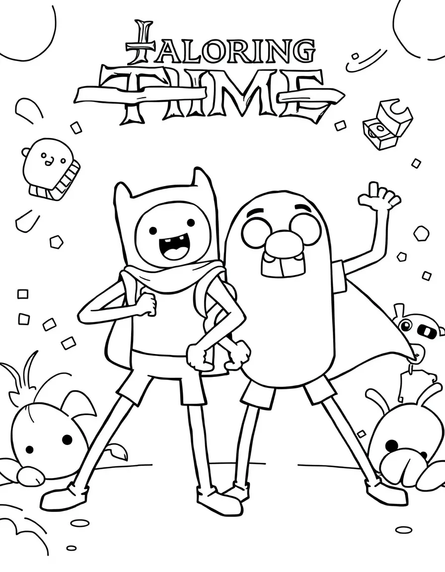 Finn and Jake posing heroically, with fun background elements.