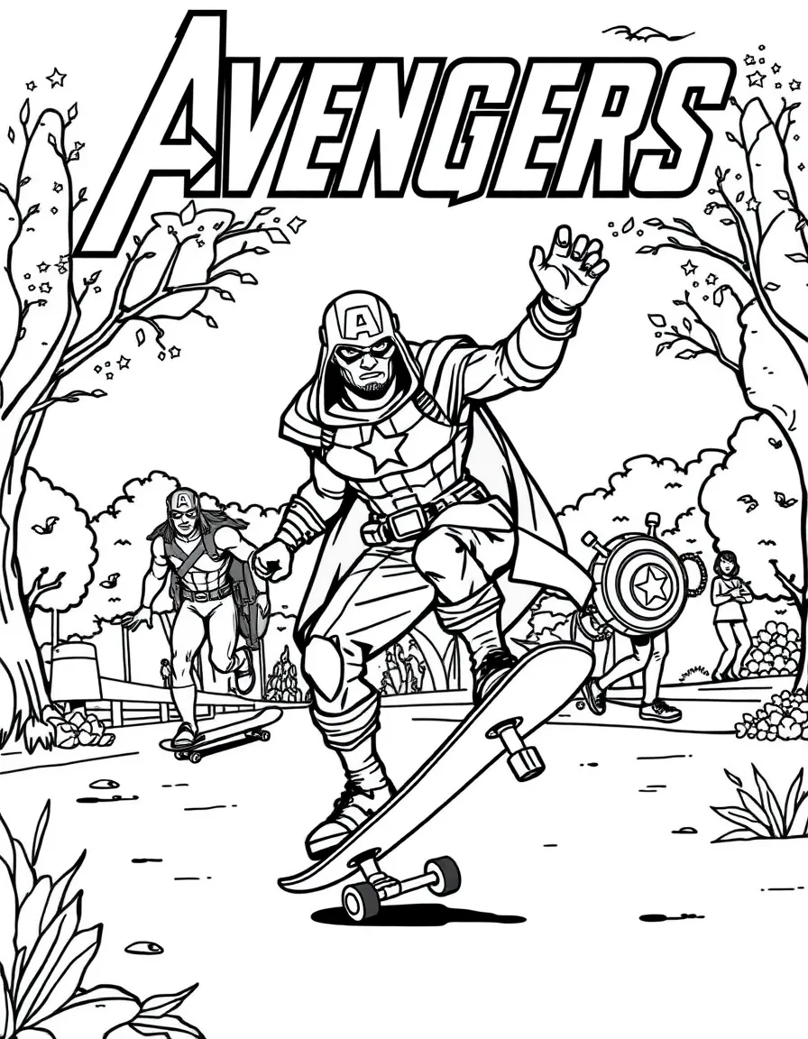 Avengers skateboarding in the park, with fun background elements.