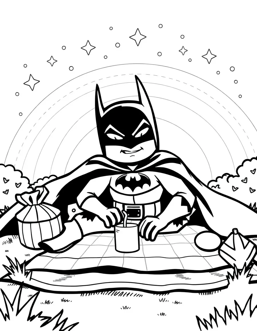 Batman: The Animated Series having a picnic, with stars and rainbows in the background.