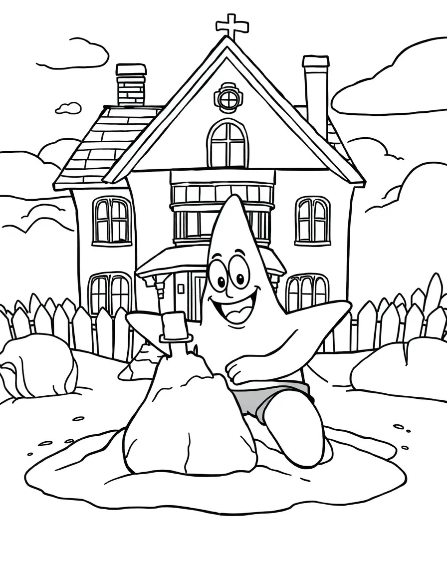 Patrick Star building a sandcastle, in front of their famous house or scene.