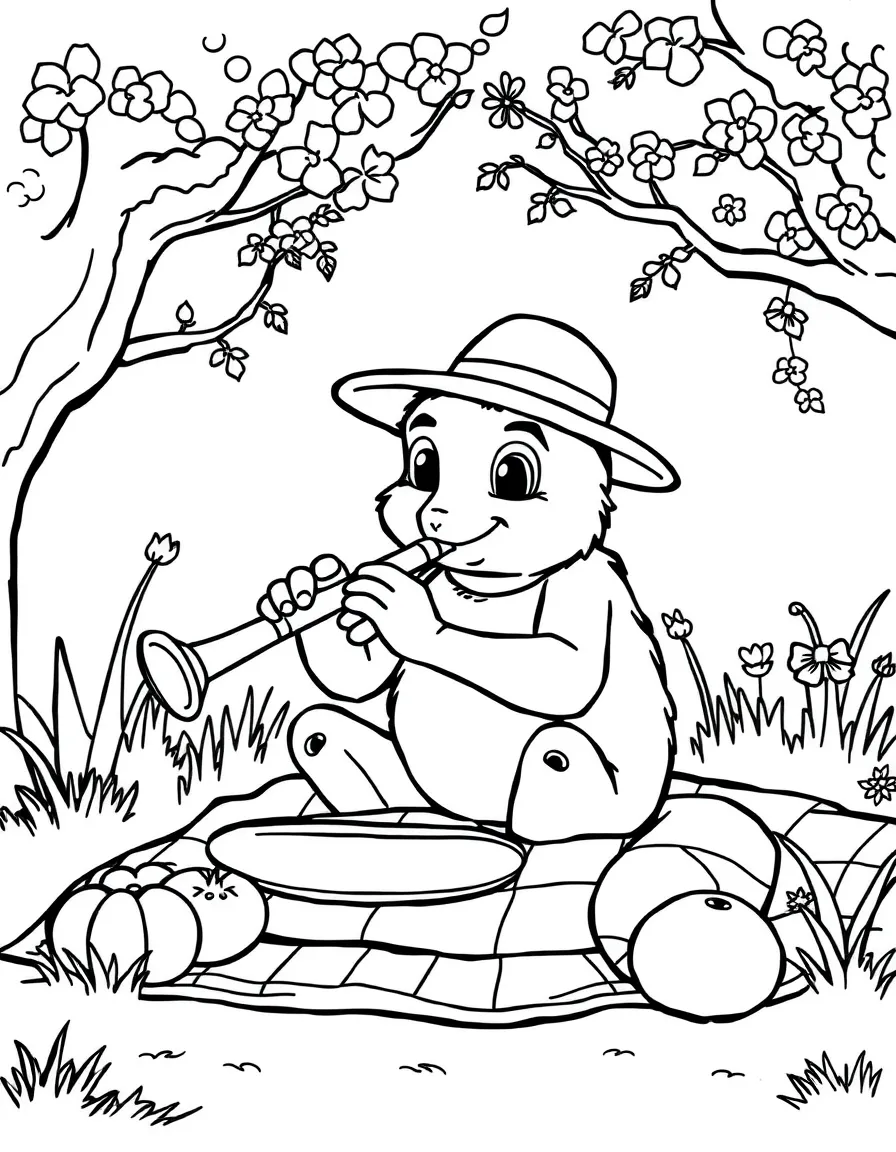 Piccolo having a picnic, with big bold outlines for easy coloring.