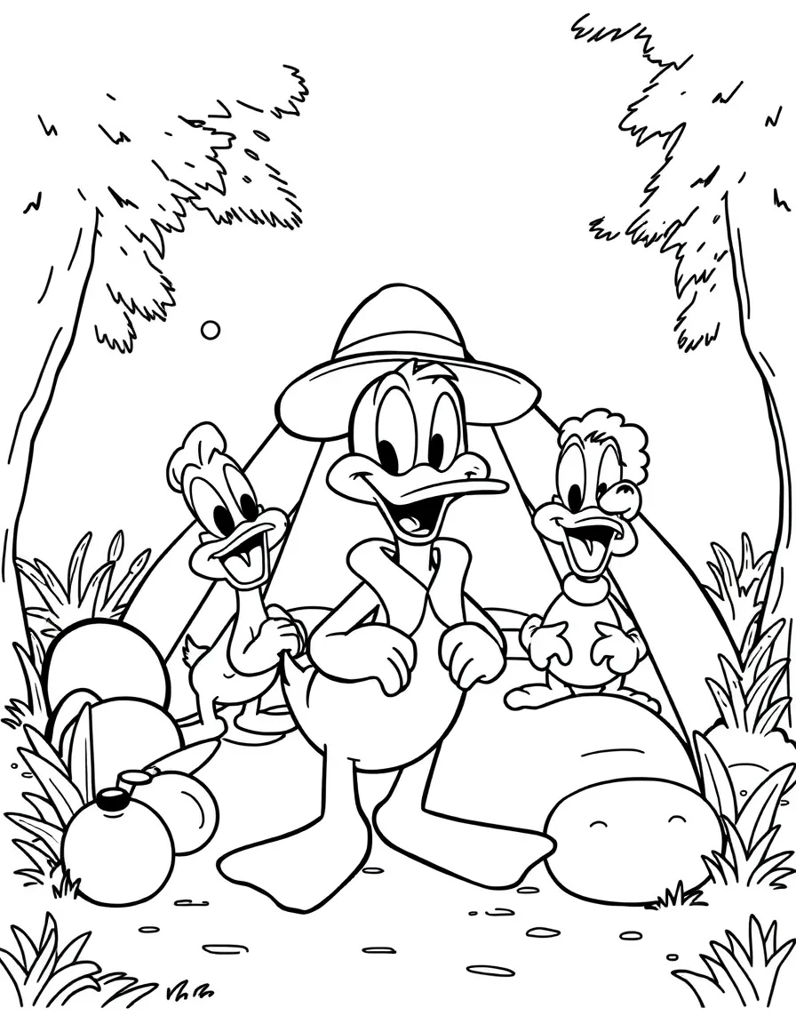 Daffy Duck camping with friends, with playful patterns around.