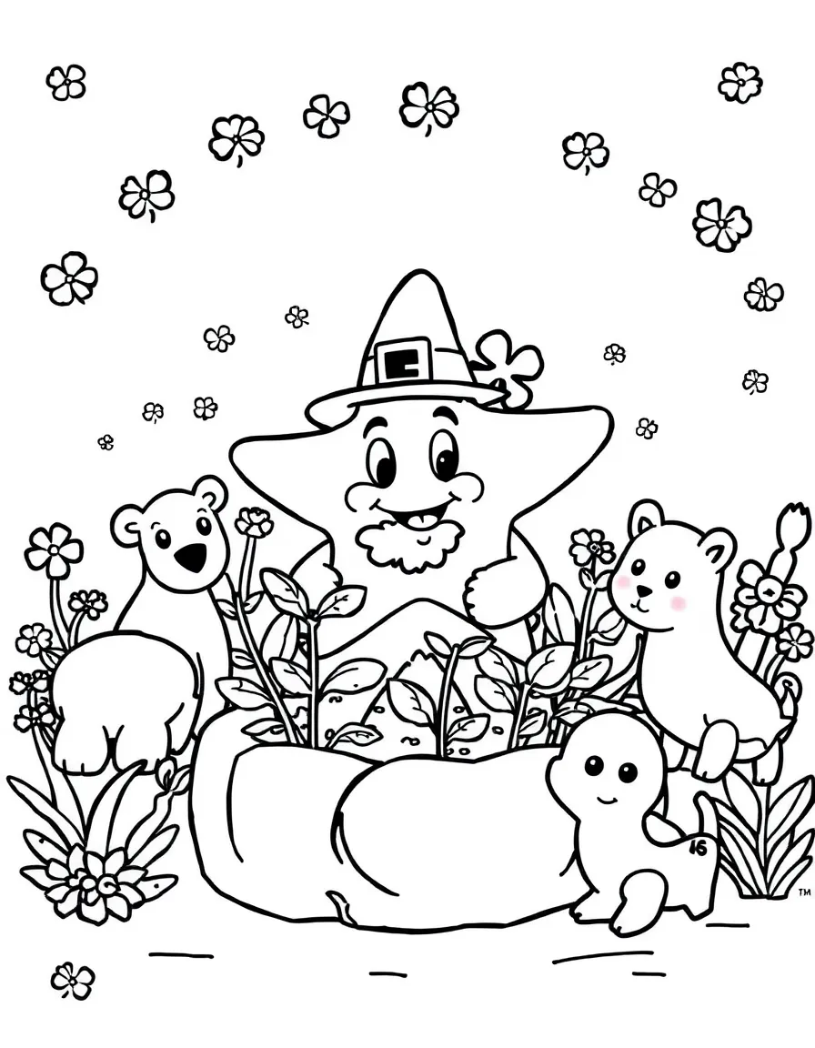 Patrick Star gardening, surrounded by friendly animals.
