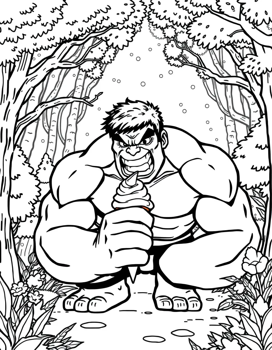 Hulk enjoying an ice cream cone, in a magical forest setting.