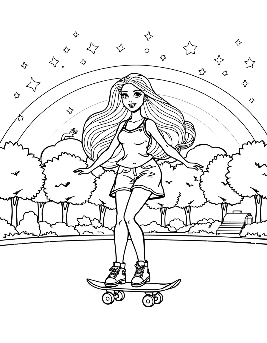 Barbie skateboarding in the park, with stars and rainbows in the background.