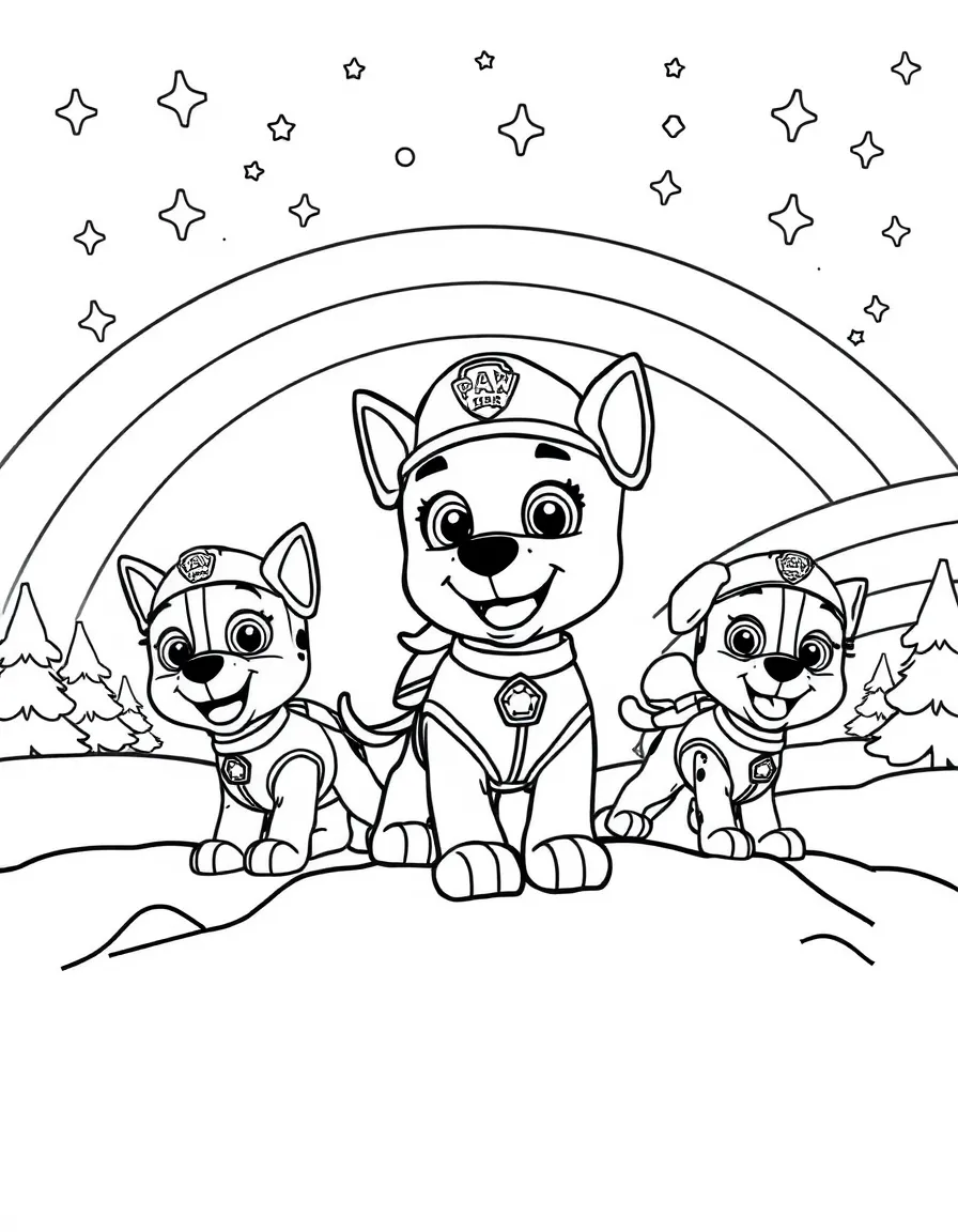 Paw Patrol playing in the snow, with stars and rainbows in the background.