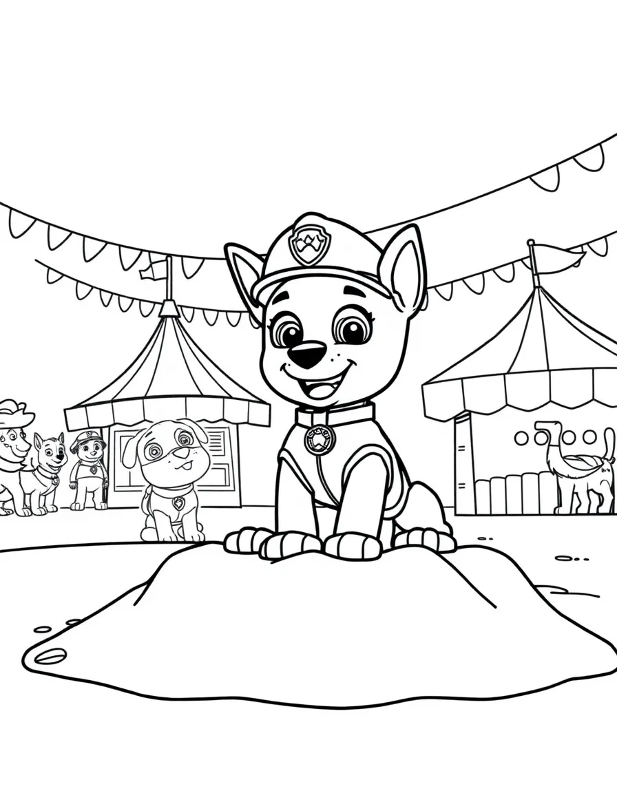 Paw Patrol building a sandcastle, at a carnival with colorful decorations.